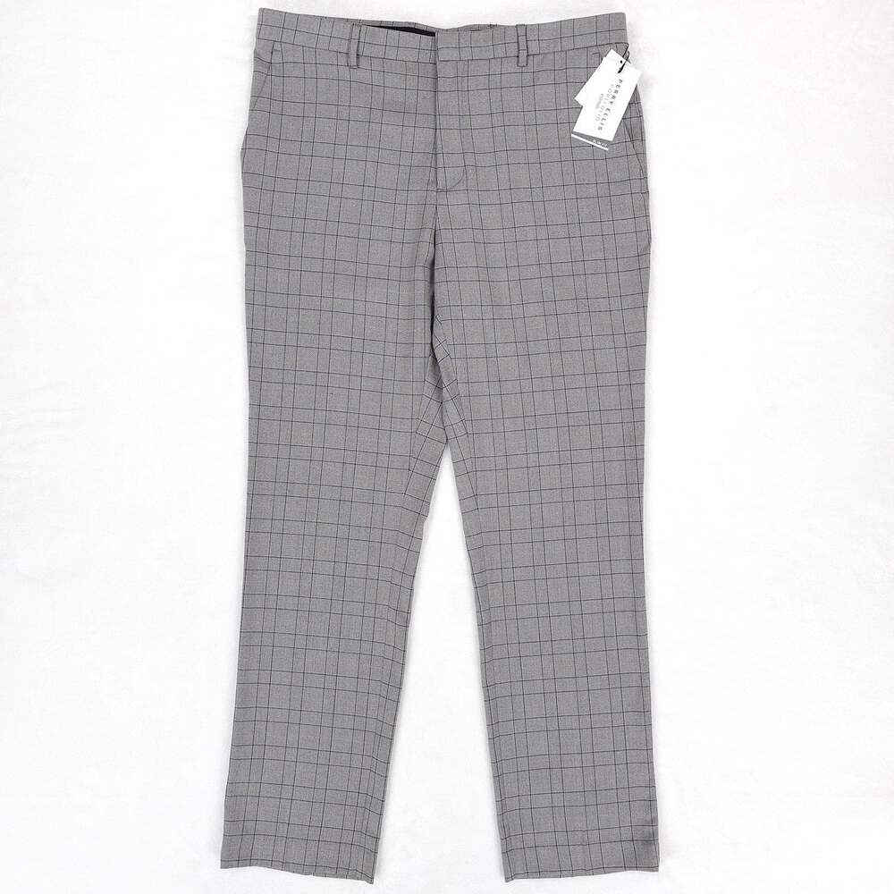 Perry Ellis Mens Slim Fit Dress Pants 34x34 Light Grey Plaid Stretch NWT